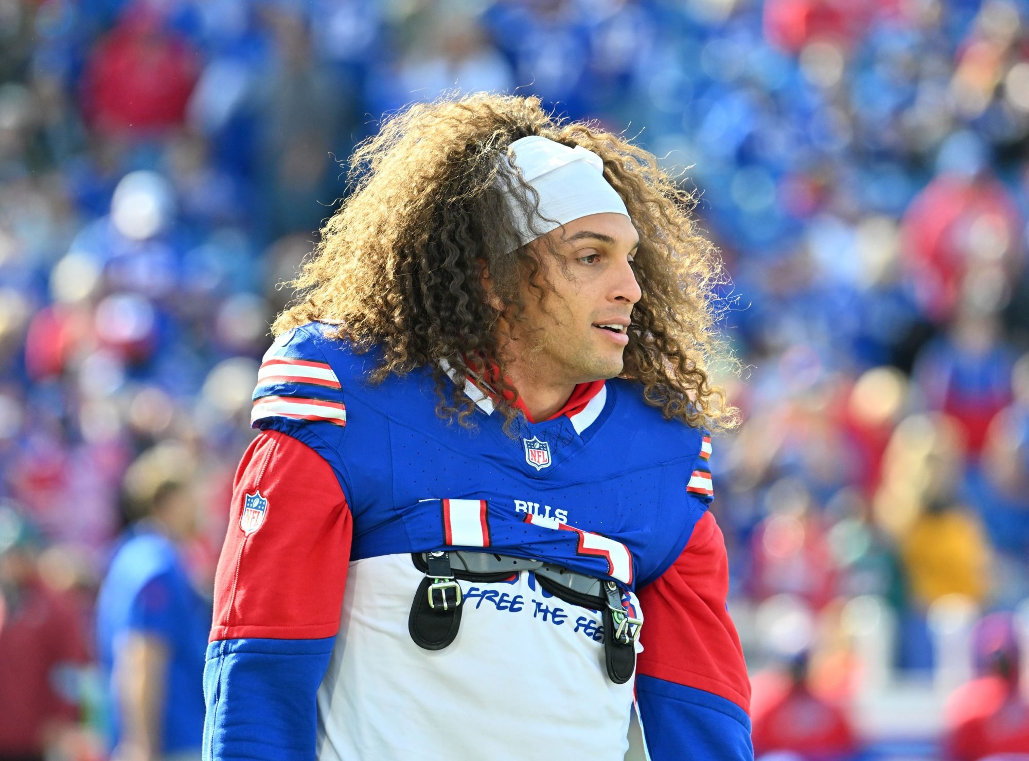 Nov 3, 2024; Orchard Park, New York, USA; Buffalo Bills wide receiver Mack Hollins (13) warms up before a game against the Miami Dolphins at Highmark Stadium.