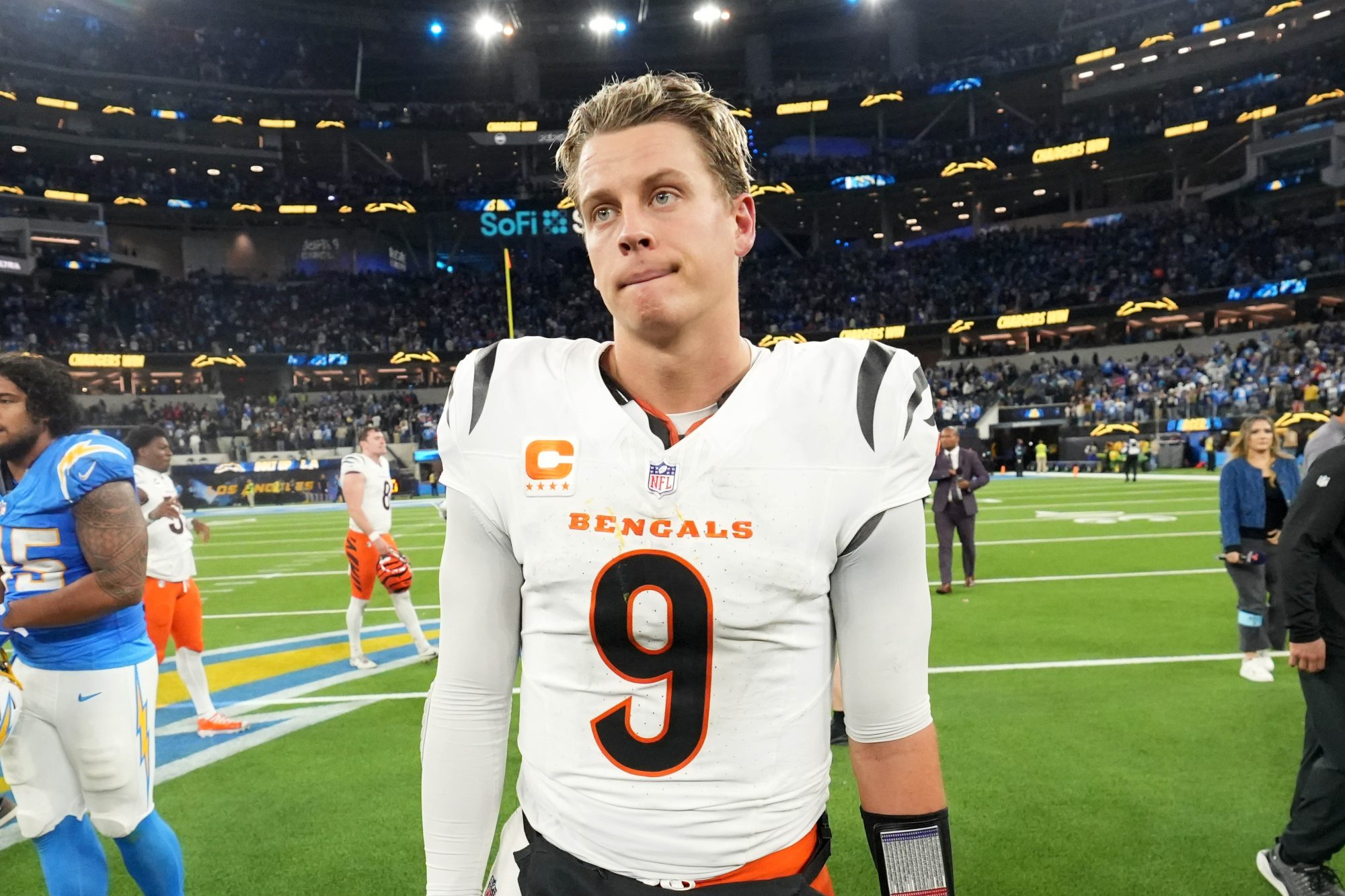 Nov 17, 2024; Inglewood, California, USA; Cincinnati Bengals quarterback Joe Burrow (9) reacts after the game against the Los Angeles Chargers at SoFi Stadium.