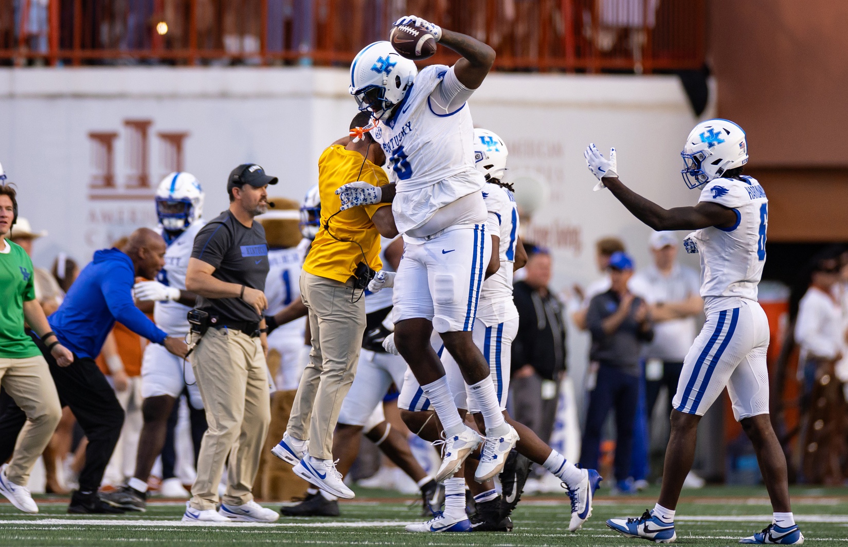 Nov 23, 2024; Austin, Texas, USA; Kentucky Wildcats defensive tackle Deone Walker (0) celebrates a recovered fumble against the Texas Longhorns during the third quarter at Darrell K Royal-Texas Memorial Stadium.