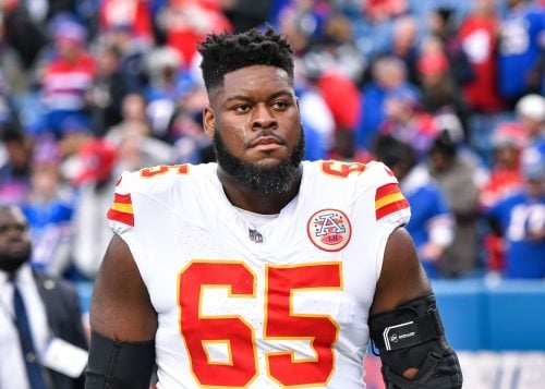 Nov 17, 2024; Orchard Park, New York, USA; Kansas City Chiefs guard Trey Smith (65) leaves the field after warm ups before a game against the Buffalo Bills at Highmark Stadium.