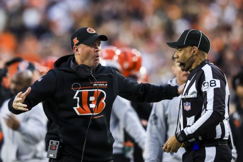 Dec 28, 2024; Cincinnati, Ohio, USA; Cincinnati Bengals head coach Zac Taylor reacts after a play against the Denver Broncos in the first half at Paycor Stadium.