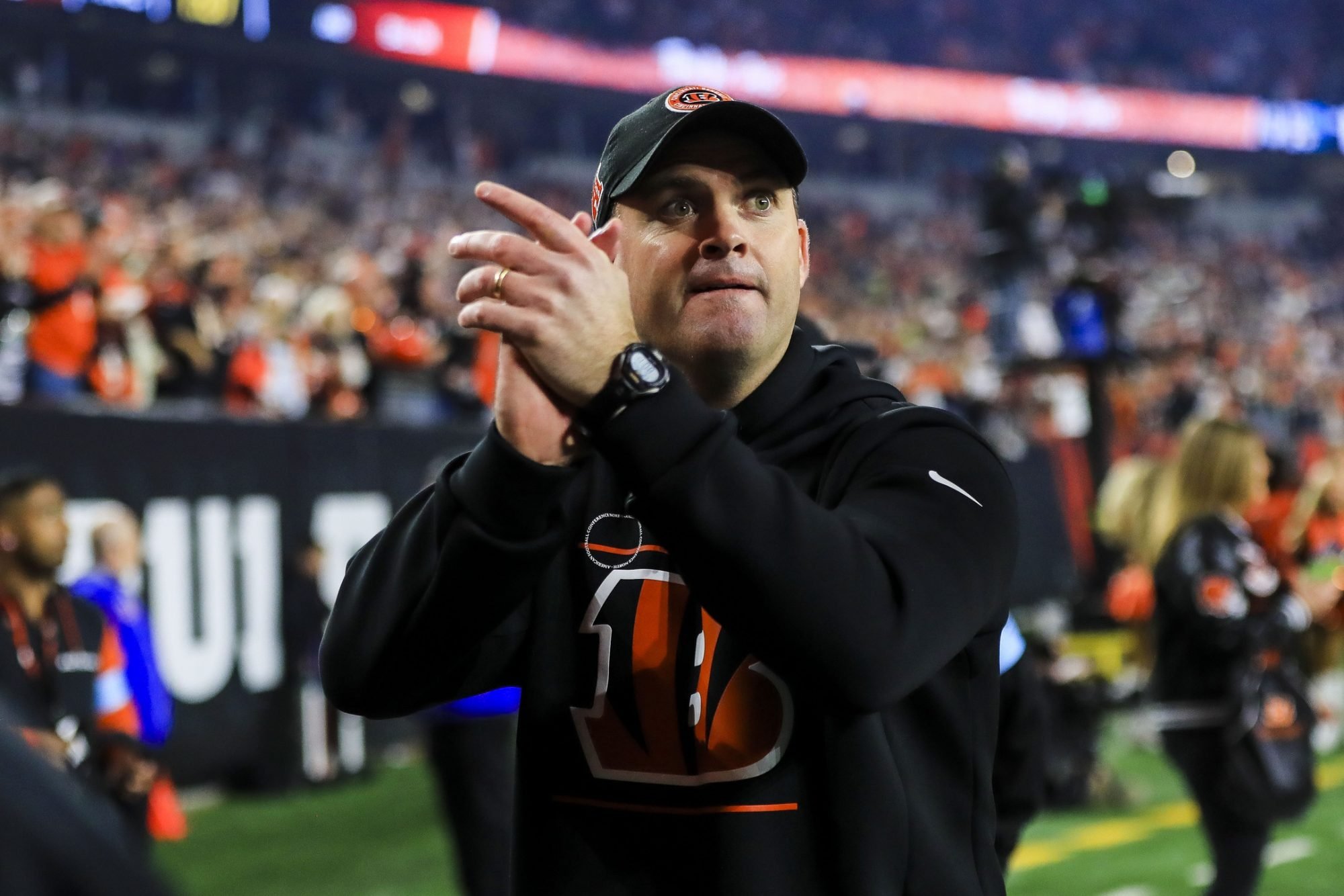 Dec 28, 2024; Cincinnati, Ohio, USA; Cincinnati Bengals head coach Zac Taylor acknowledges fans after the victory over the Denver Broncos at Paycor Stadium.