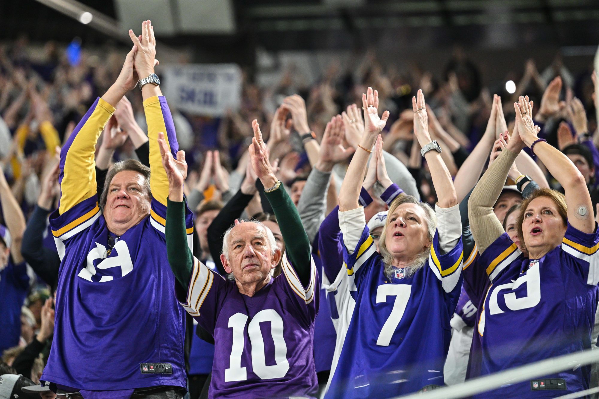 Dec 29, 2024; Minneapolis, Minnesota, USA; Minnesota Vikings fans react during the fourth quarter against the Green Bay Packers at U.S. Bank Stadium.