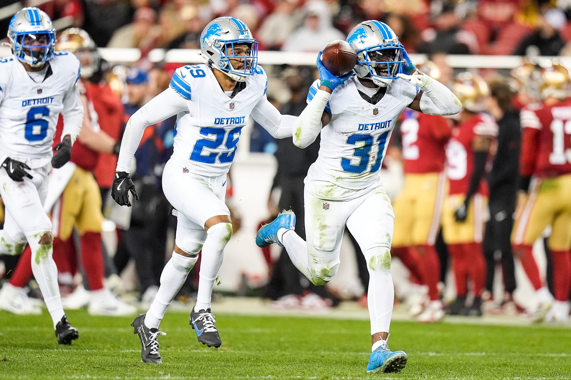 Detroit Lions safety Kerby Joseph (31) celebrates an interception (his second of the game) against San Francisco 49ers during the second half at Levi's Stadium in Santa Clara, Calif. on Monday, Dec. 30, 2024.