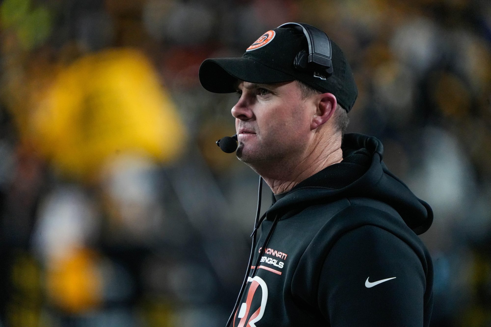 Bengals head coach Zac Taylor during their game against the Steelers at Acrisure Stadium on Saturday January 4, 2025. The Bengals lead the game at halftime with a score of 13-7.