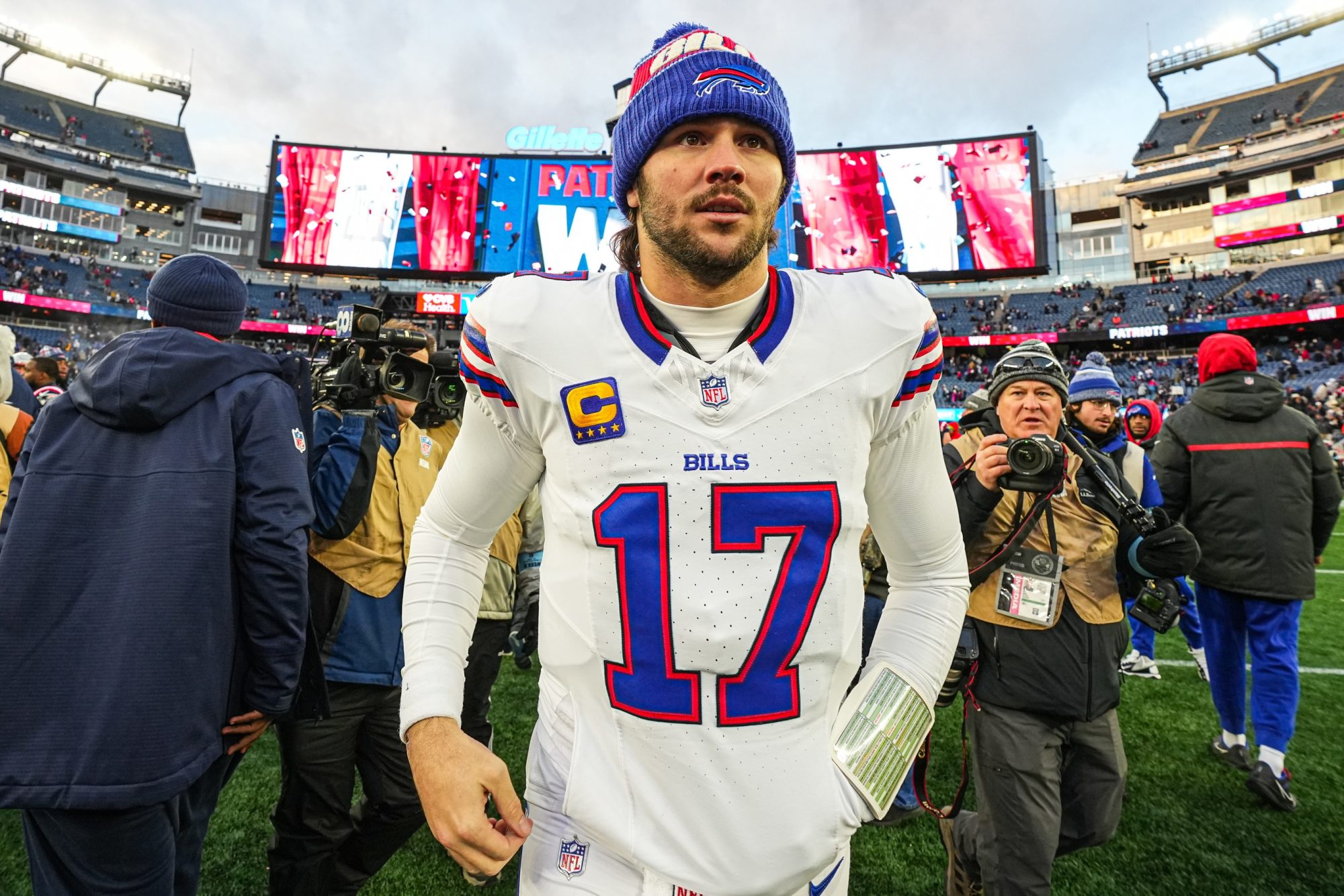 Jan 5, 2025; Foxborough, Massachusetts, USA; Buffalo Bills quarterback Josh Allen (17) on the field after the game against the New England Patriots at Gillette Stadium.