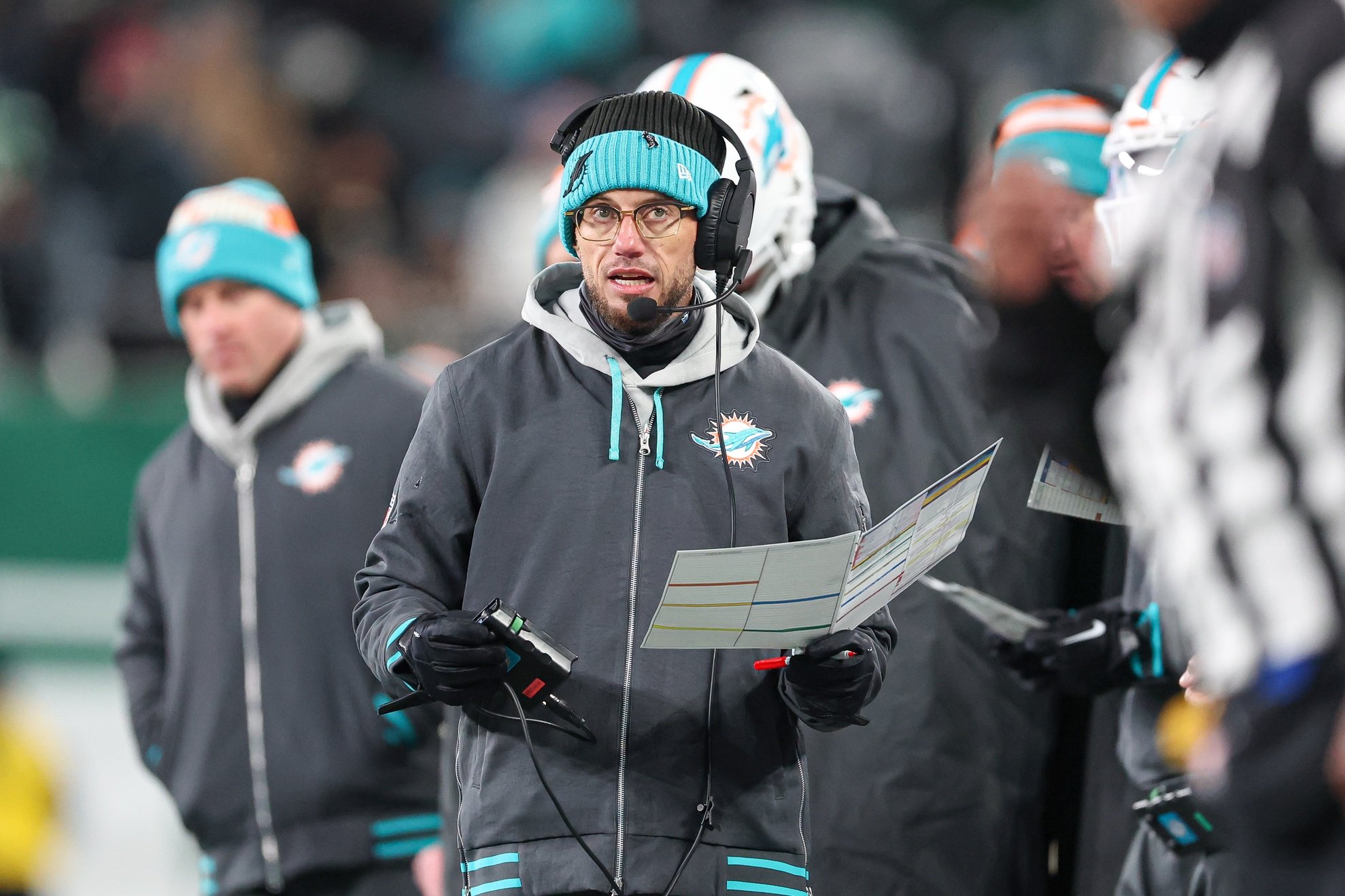 Jan 5, 2025; East Rutherford, New Jersey, USA; Miami Dolphins head coach Mike McDaniel looks on during the first half against the New York Jets at MetLife Stadium.