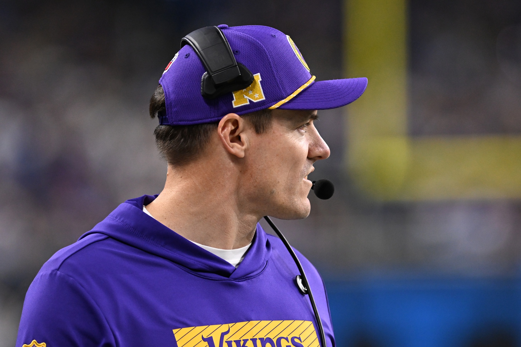 Jan 5, 2025; Detroit, Michigan, USA; Minnesota Vikings head coach Kevin O’Connell paces the sidelines during their game against the Detroit Lions in the third quarter at Ford Field.