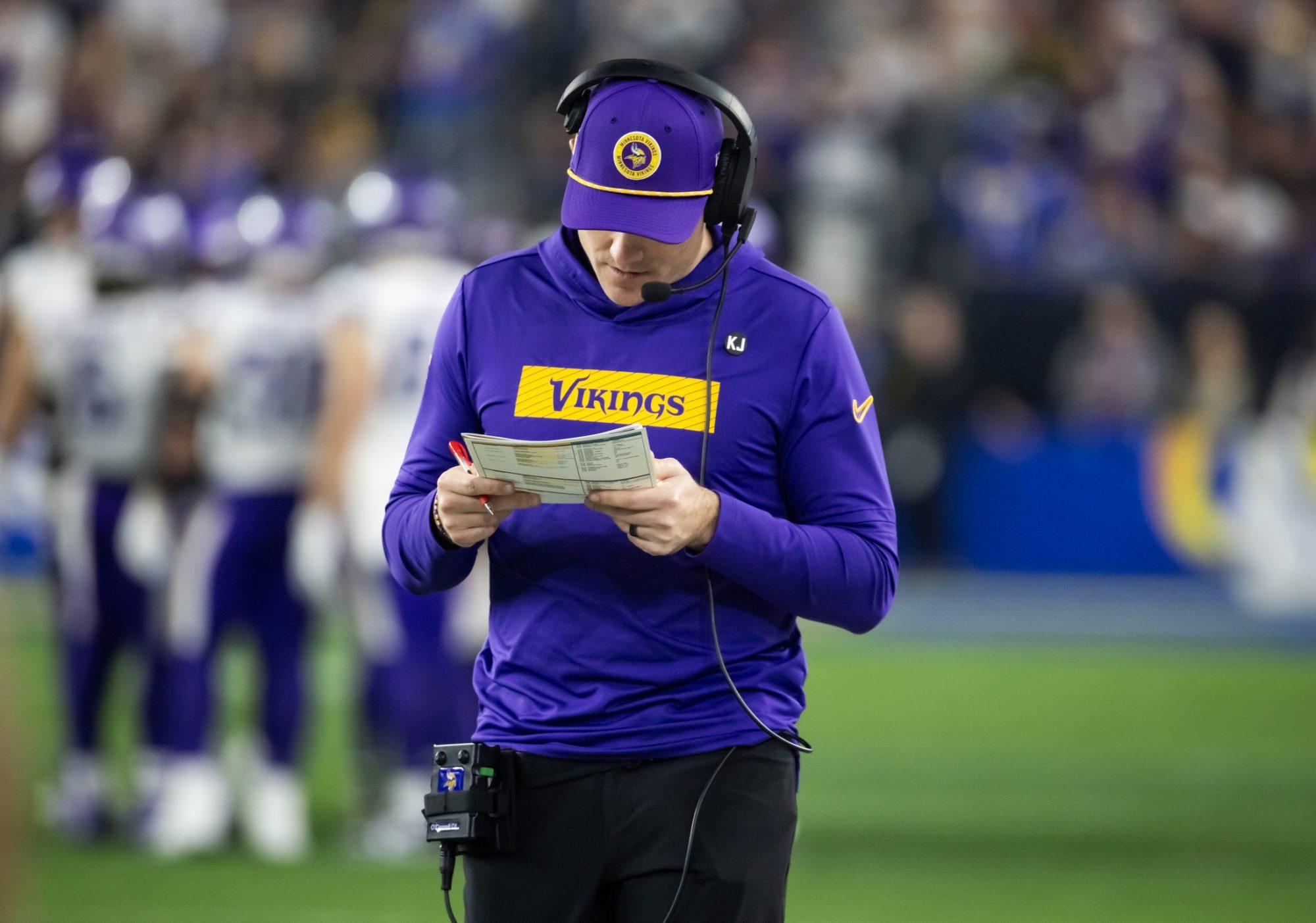 Jan 13, 2025; Glendale, AZ, USA; Minnesota Vikings head coach Kevin O'Connell against the Los Angeles Rams during an NFC wild card game at State Farm Stadium.