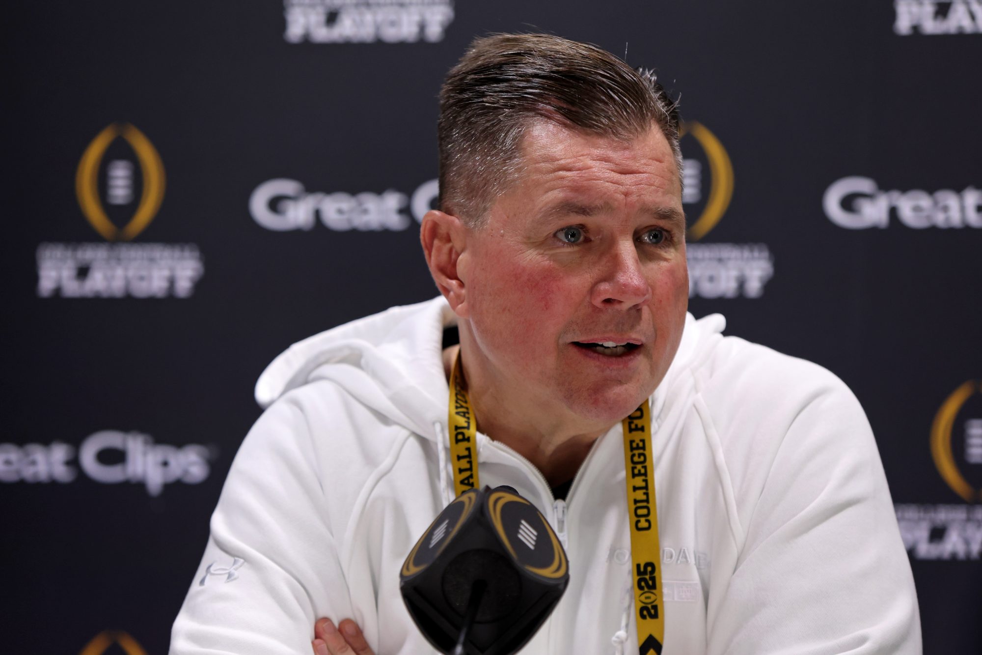 Jan 18, 2025; Atlanta, GA, USA; Notre Dame Fighting Irish defensive coordinator Al Golden during 2025 CFP National Championship Media Day at Georgia World Congress Center, Building A.