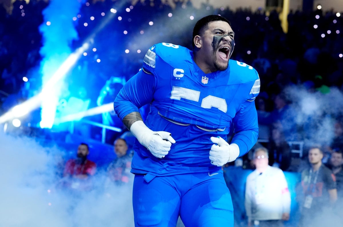 Detroit Lions offensive tackle Penei Sewell (58) is announced before the start of the game against the Washington Commanders in the NFC divisional round at Ford Field in Detroit on Saturday, Jan. 18, 2025.