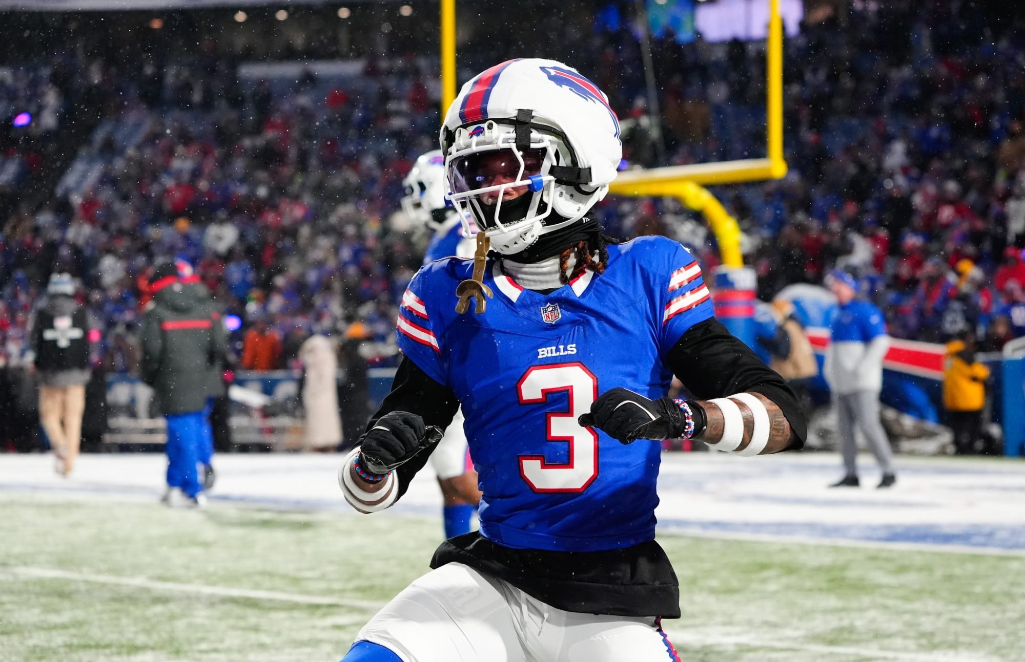 Jan 19, 2025; Orchard Park, New York, USA; Buffalo Bills safety Damar Hamlin (3) warms up before the game against the Baltimore Ravens in a 2025 AFC divisional round game at Highmark Stadium.