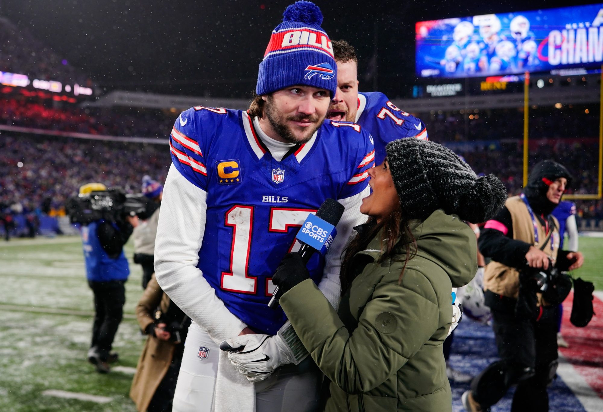 Jan 19, 2025; Orchard Park, New York, USA; Buffalo Bills quarterback Josh Allen (17) during a post-game interview after the game against the Baltimore Ravens in a 2025 AFC divisional round game at Highmark Stadium.