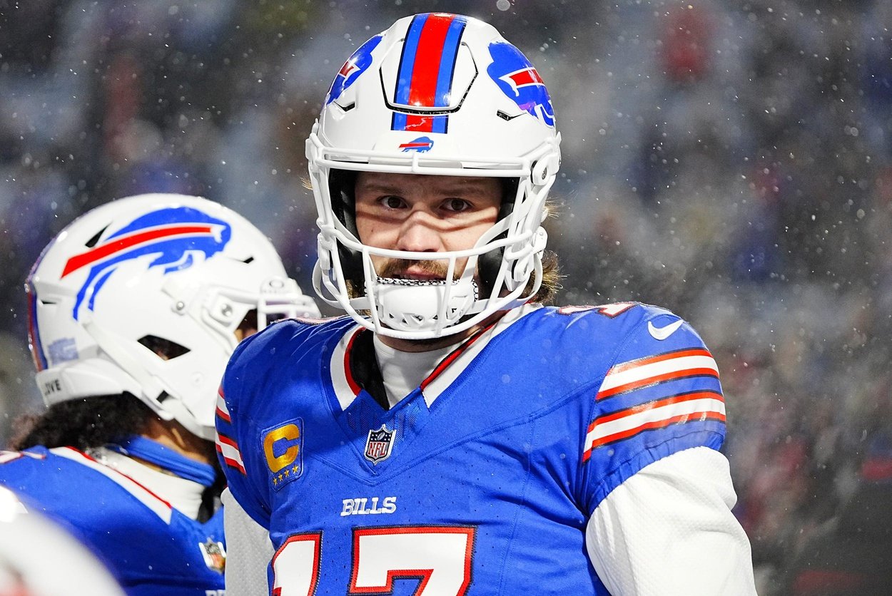 Buffalo Bills quarterback Josh Allen warms up before the Buffalo Bills divisional game against the Baltimore Ravens at Highmark Stadium in Orchard Park on Jan. 19, 2025.