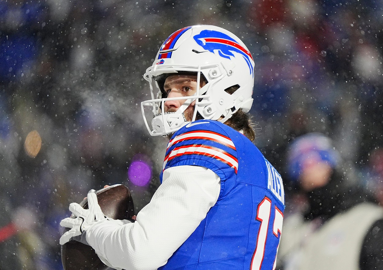 Buffalo Bills quarterback Josh Allen throws a pass, warming up before the Buffalo Bills divisional game against the Baltimore Ravens at Highmark Stadium in Orchard Park on Jan. 19, 2025.