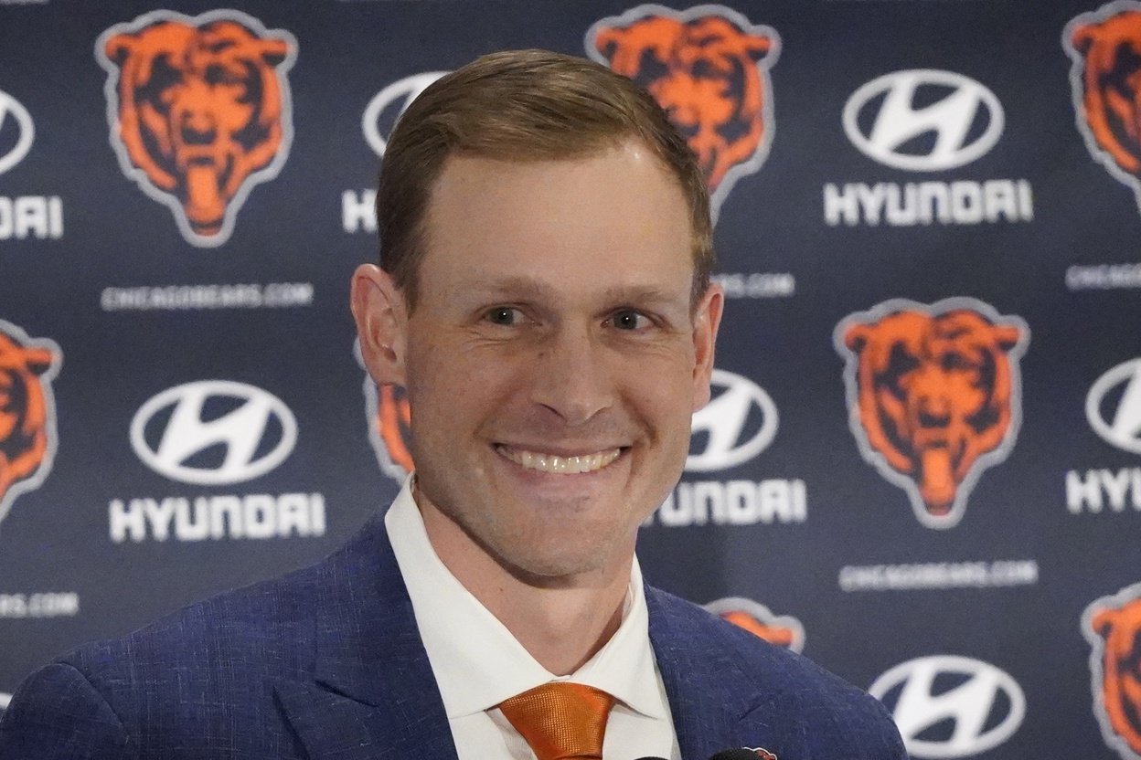 Jan 22, 2025; Lake Forest, IL, USA; Chicago Bears head coach Ben Johnson answers questions during a introductory press conference at PNC Center.