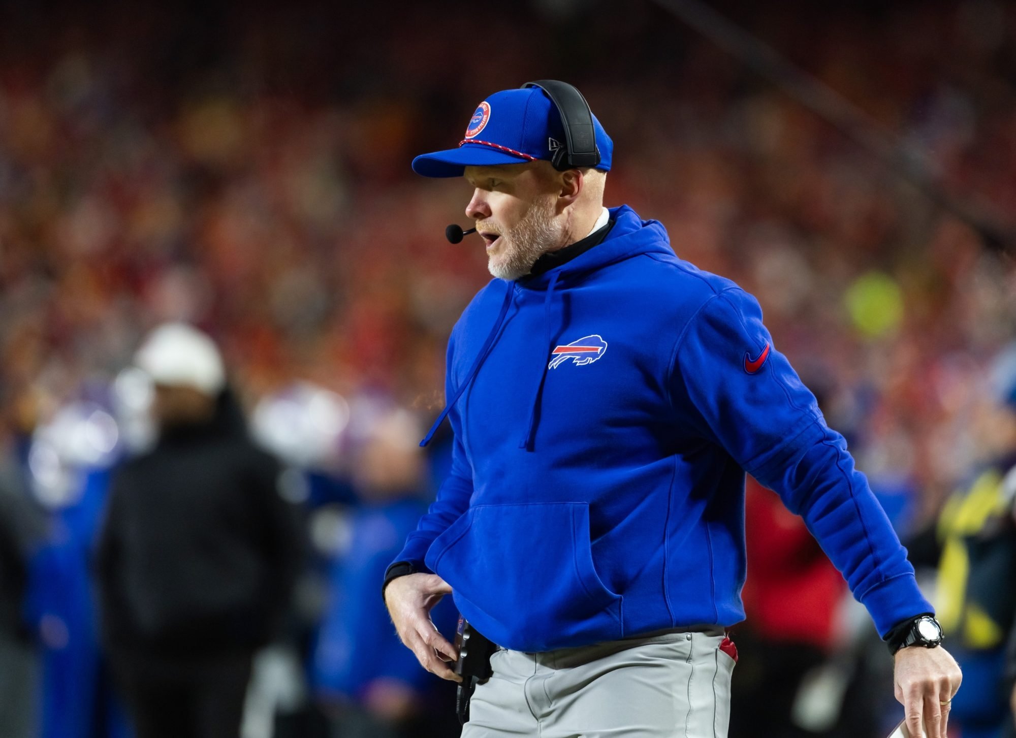 Jan 26, 2025; Kansas City, MO, USA; Buffalo Bills head coach Sean McDermott against the Kansas City Chiefs during the AFC Championship game at GEHA Field at Arrowhead Stadium.