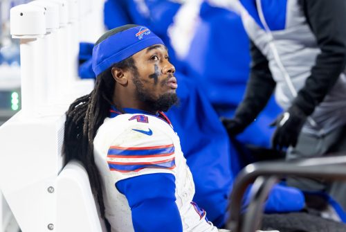 Jan 26, 2025; Kansas City, MO, USA; Buffalo Bills running back James Cook (4) reacts in the closing minutes of the game against the Kansas City Chiefs during the AFC Championship game at GEHA Field at Arrowhead Stadium.