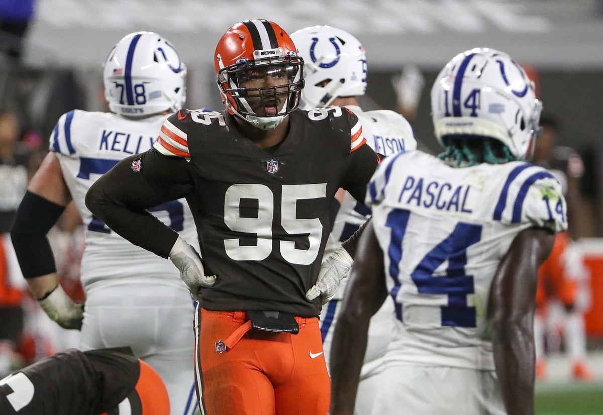 Cleveland Browns defensive end Myles Garrett (95) rests between plays during the fourth quarter of the NFL week 5 game at First Energy Stadium in Cleveland, Ohio, on Sunday, Oct. 11, 2020. The Browns won, 32-23. Indianapolis Colts At Browns At First Energy Stadium In Nfl Week 5 Cleveand Ohio Sunday Oct 11 2020