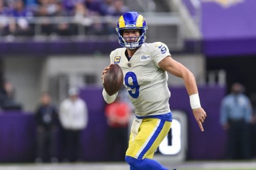 Dec 26, 2021; Minneapolis, Minnesota, USA; Los Angeles Rams quarterback Matthew Stafford (9) in action against the Minnesota Vikings at U.S. Bank Stadium.