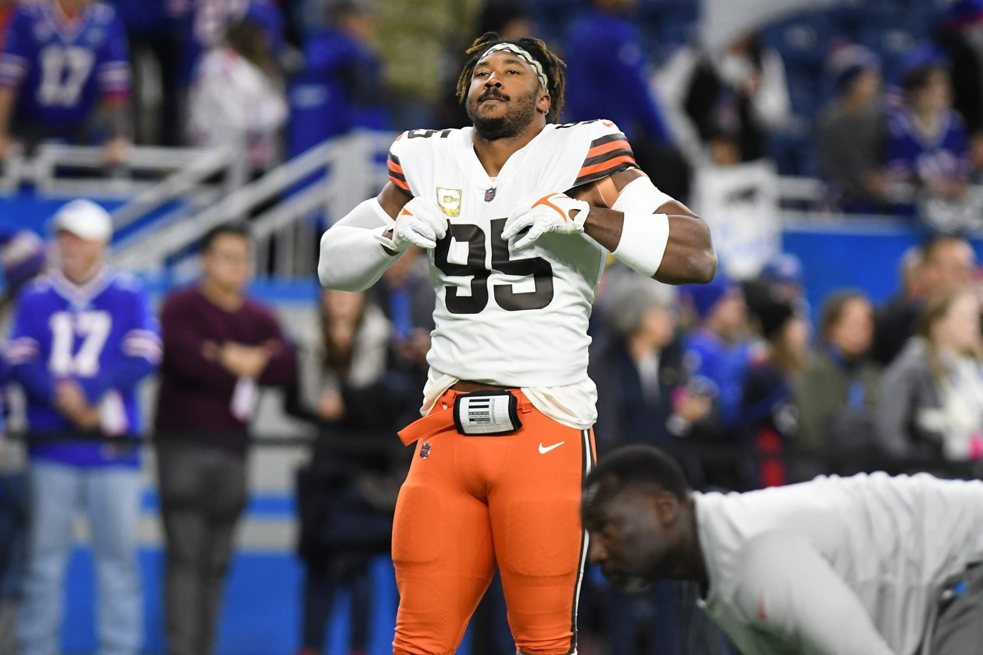 Nov 20, 2022; Detroit, Michigan, USA; Cleveland Browns defensive end Myles Garrett (95) warms up before their game against the Buffalo Bills at Ford Field.