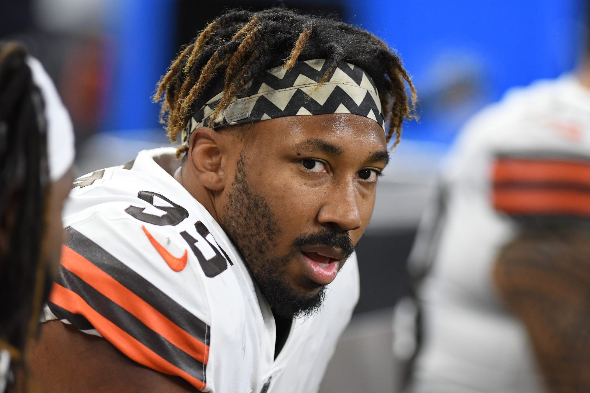 Nov 20, 2022; Detroit, Michigan, USA; Cleveland Browns defensive end Myles Garrett (95) on the bench against the Buffalo Bills in the first quarter at Ford Field.