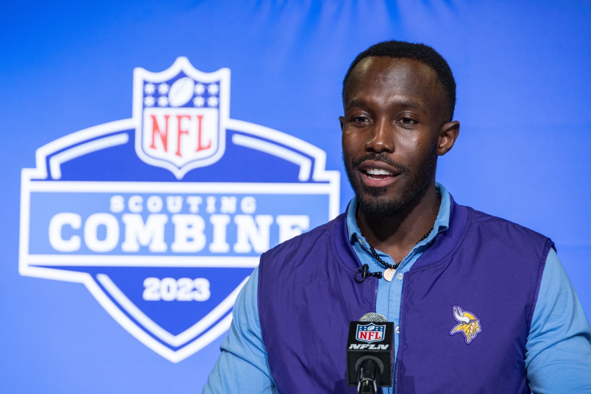 Feb 28, 2023; Indianapolis, IN, USA; Minnesota Vikings general manager Kwesi Adofo‐Mensah speaks to the press at the NFL Combine at Lucas Oil Stadium.