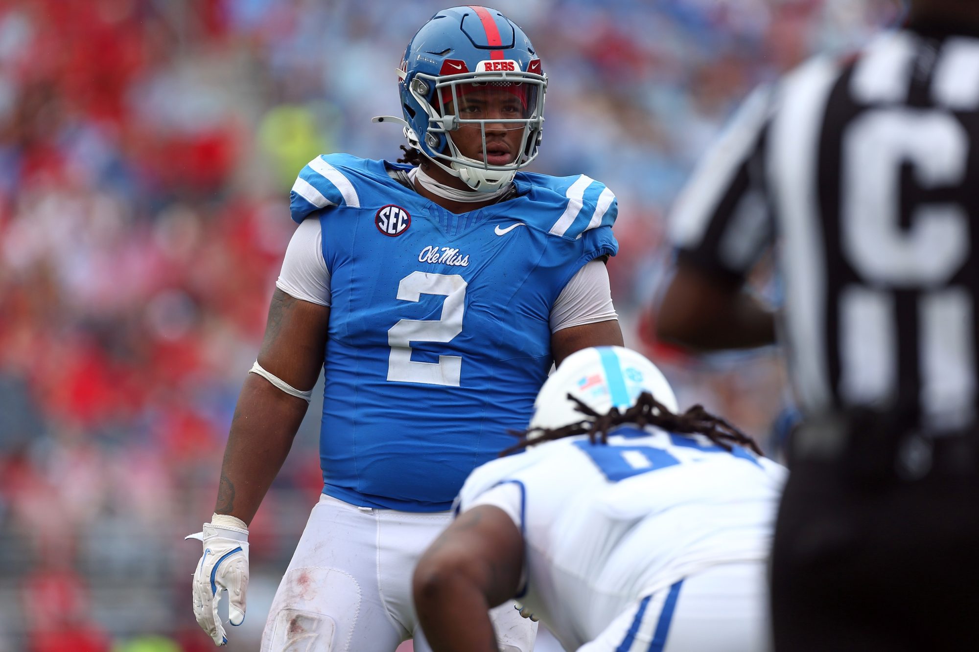 Sep 28, 2024; Oxford, Mississippi, USA; Mississippi Rebels defensive linemen Walter Nolen (2) waits for the snap during the second half against the Kentucky Wildcats at Vaught-Hemingway Stadium.