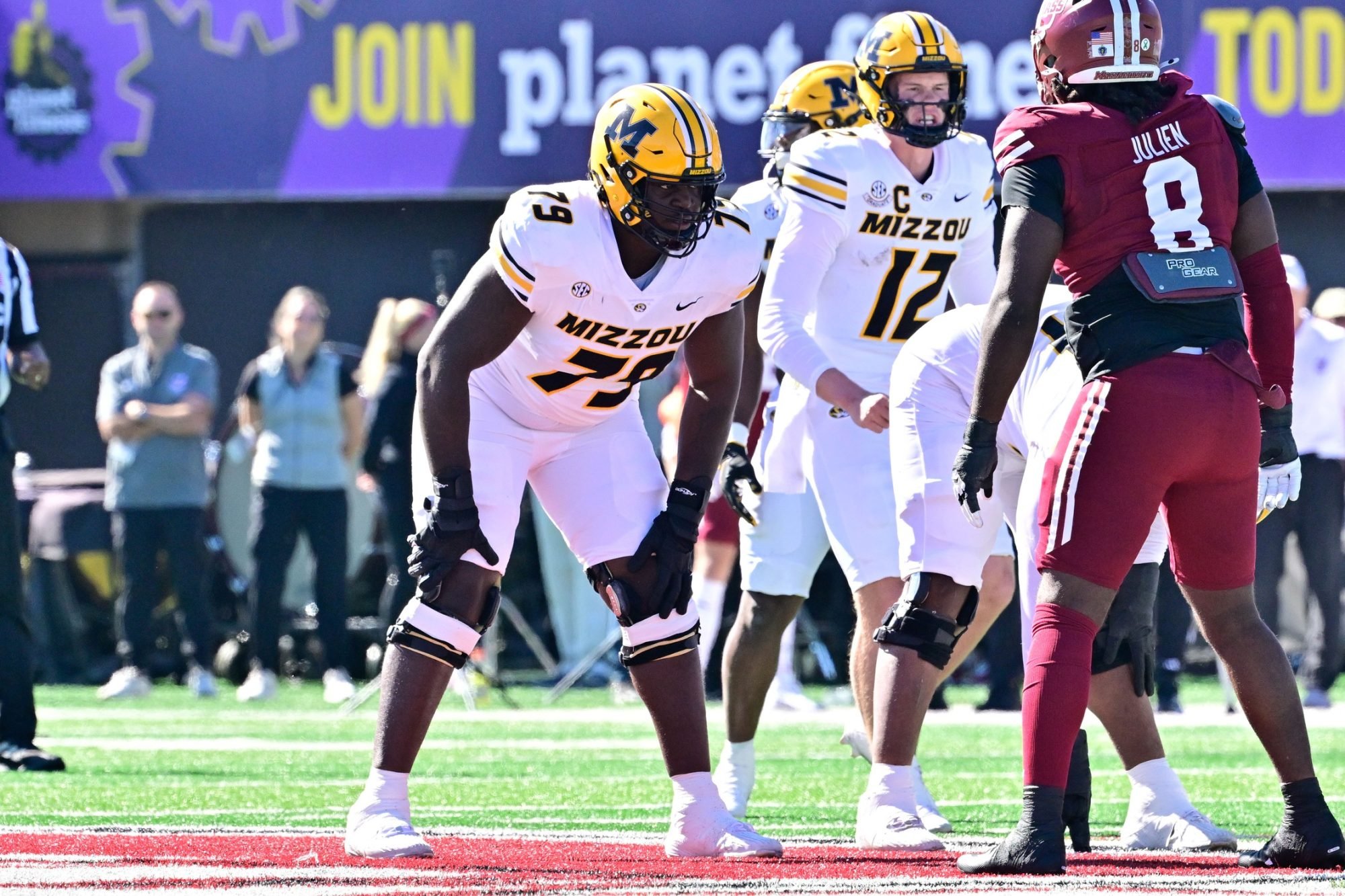 Oct 12, 2024; Amherst, Massachusetts, USA; Missouri Tigers offensive lineman Armand Membou (79) lines up against the Massachusetts Minutemen during the first half at Warren McGuirk Alumni Stadium.