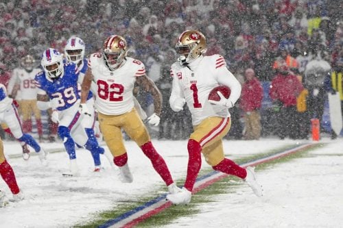 Dec 1, 2024; Orchard Park, New York, USA; San Francisco 49ers wide receiver Deebo Samuel Sr. (1) returns a kick off against the Buffalo Bills during the second half at Highmark Stadium.