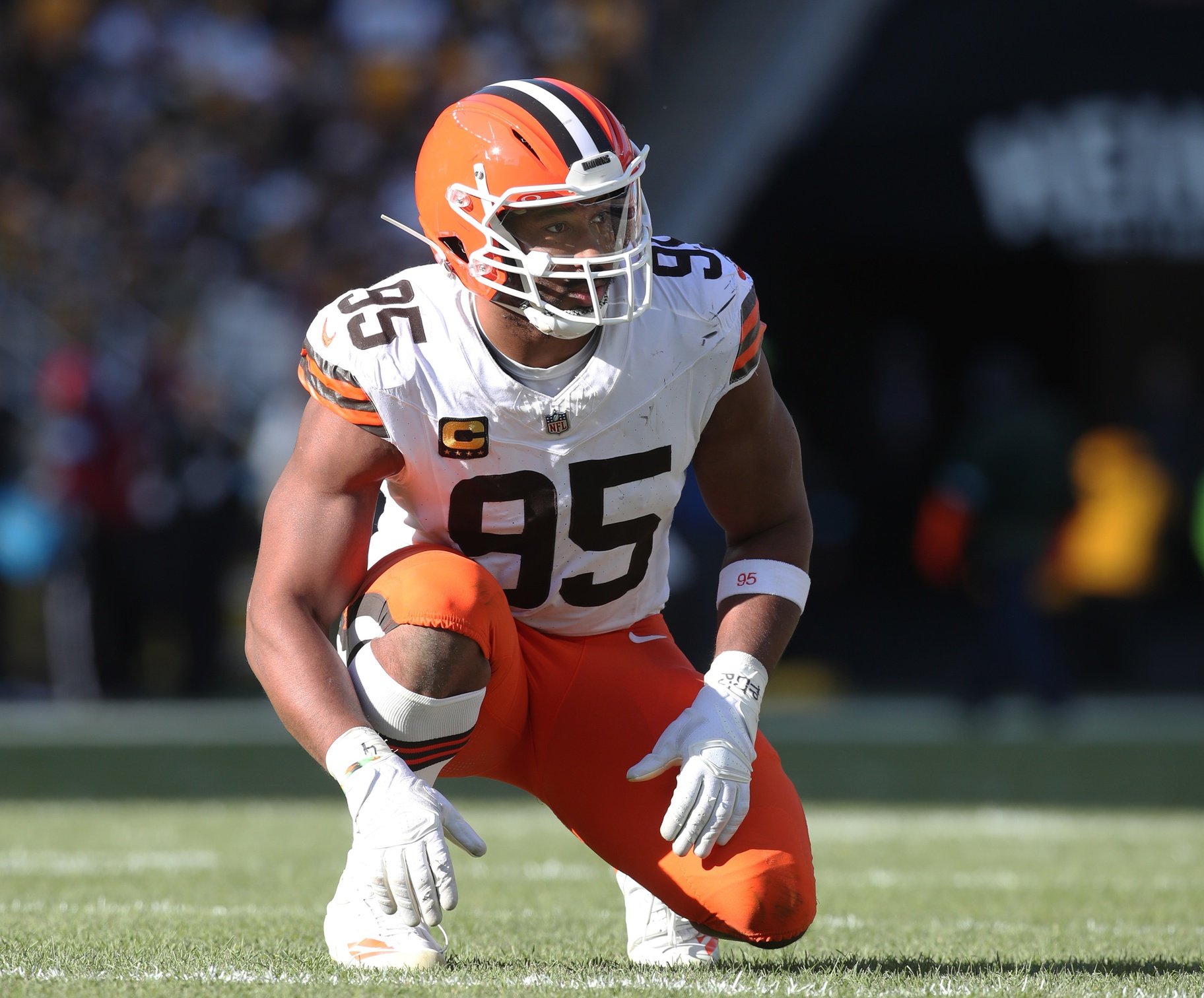 Dec 8, 2024; Pittsburgh, Pennsylvania, USA; Cleveland Browns defensive end Myles Garrett (95) at the line of scrimmage against the Pittsburgh Steelers during the second quarter at Acrisure Stadium.