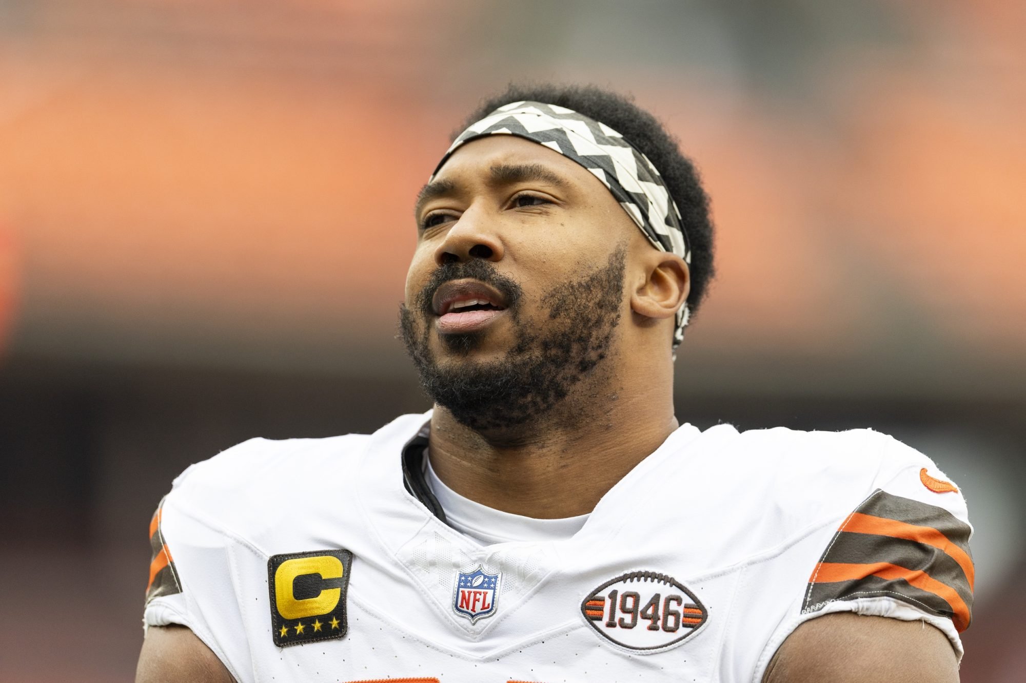 Dec 15, 2024; Cleveland, Ohio, USA; Cleveland Browns defensive end Myles Garrett (95) during warm ups before the game against the Kansas City Chiefs at Huntington Bank Field.