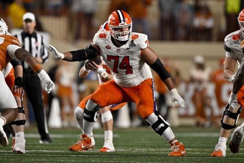 Dec 21, 2024; Austin, Texas, USA; Clemson Tigers offensive lineman Marcus Tate (74) in action during the game between the Texas Longhorns and the Clemson Tigers in the CFP National Playoff First Round at Darrell K Royal-Texas Memorial Stadium.