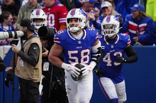 Dec 29, 2024; Orchard Park, New York, USA; Buffalo Bills linebacker Matt Milano (58) after recovering a fumble against the New York Jets during the second half at Highmark Stadium.