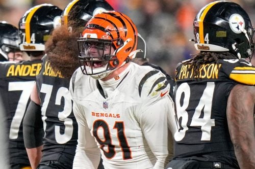 Cincinnati Bengals defensive end Trey Hendrickson (91) celebrates a stop in the fourth quarter of the NFL Week 18 game between the Pittsburgh Steelers and the Cincinnati Bengals at Acrisure Stadium in Pittsburgh on Saturday, Jan. 4, 2025. The Bengals won 19-17 to finish the regular season at 9-8.