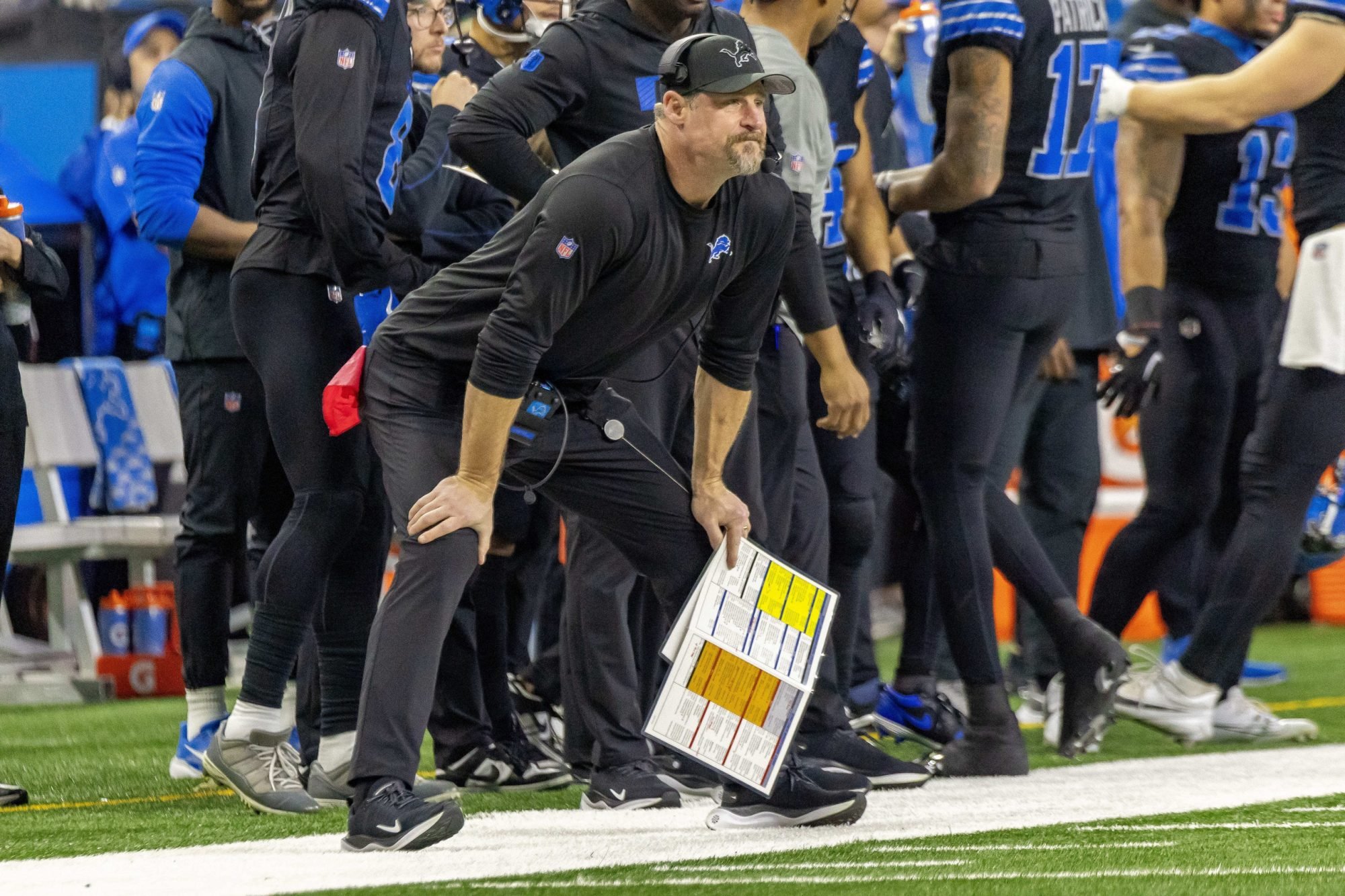 Jan 5, 2025; Detroit, Michigan, USA; Detroit Lions Head Coach Dan Campbell watches the action from the sidelines against the Minnesota Vikings during the second half at Ford Field.