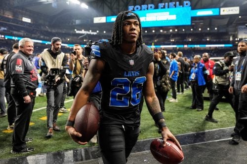 Detroit Lions running back Jahmyr Gibbs (26) exits the field after 31-9 win over Minnesota Vikings at Ford Field in Detroit on Sunday, Jan. 5, 2025.