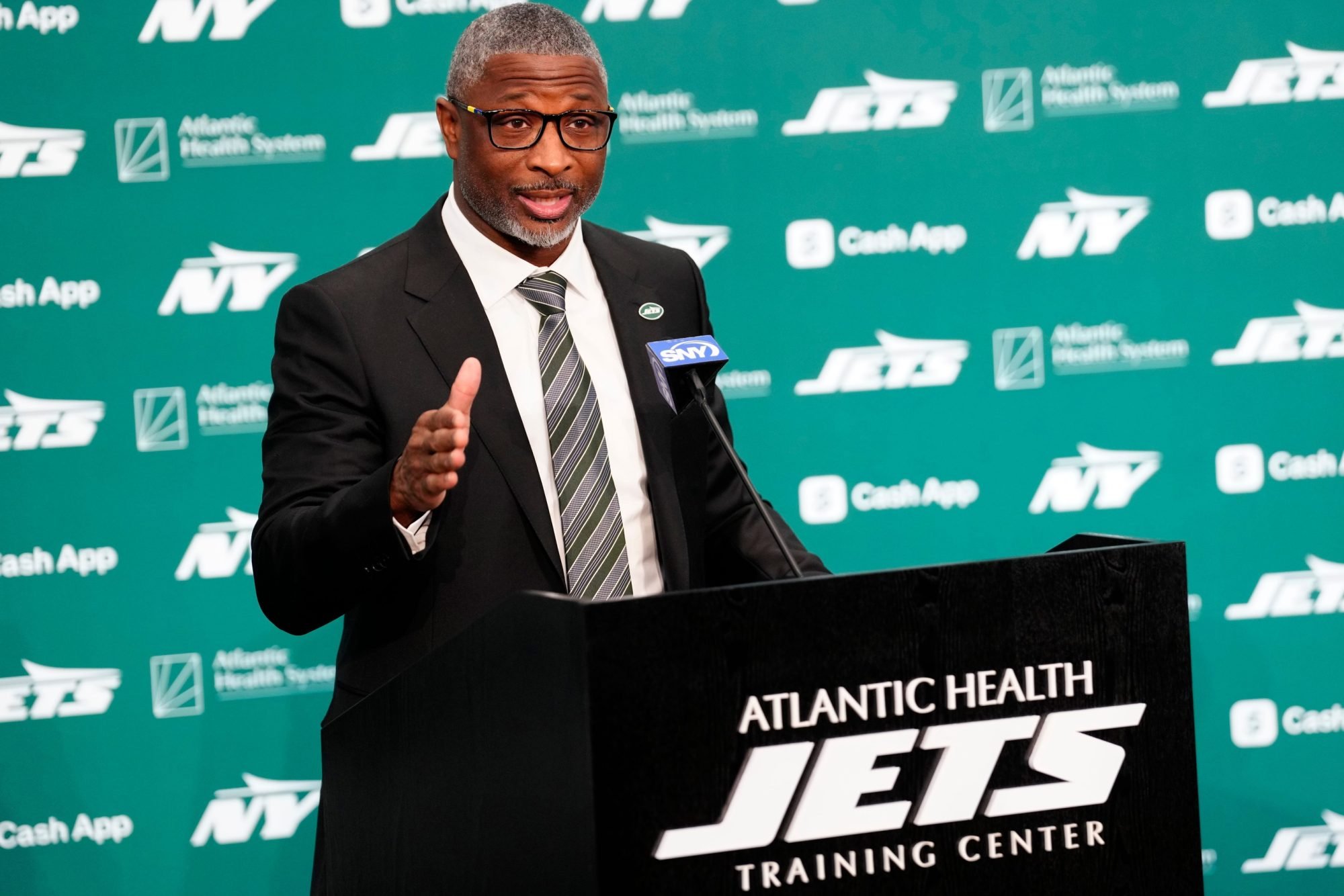 Aaron Glenn is introduced as the new head coach of the New York Jets at a press conference at the Atlantic Health Jets Training Center on Jan. 27, 2025. Glenn, who played eight seasons with the Jets, had been the Lions' defensive coordinator since 2021.