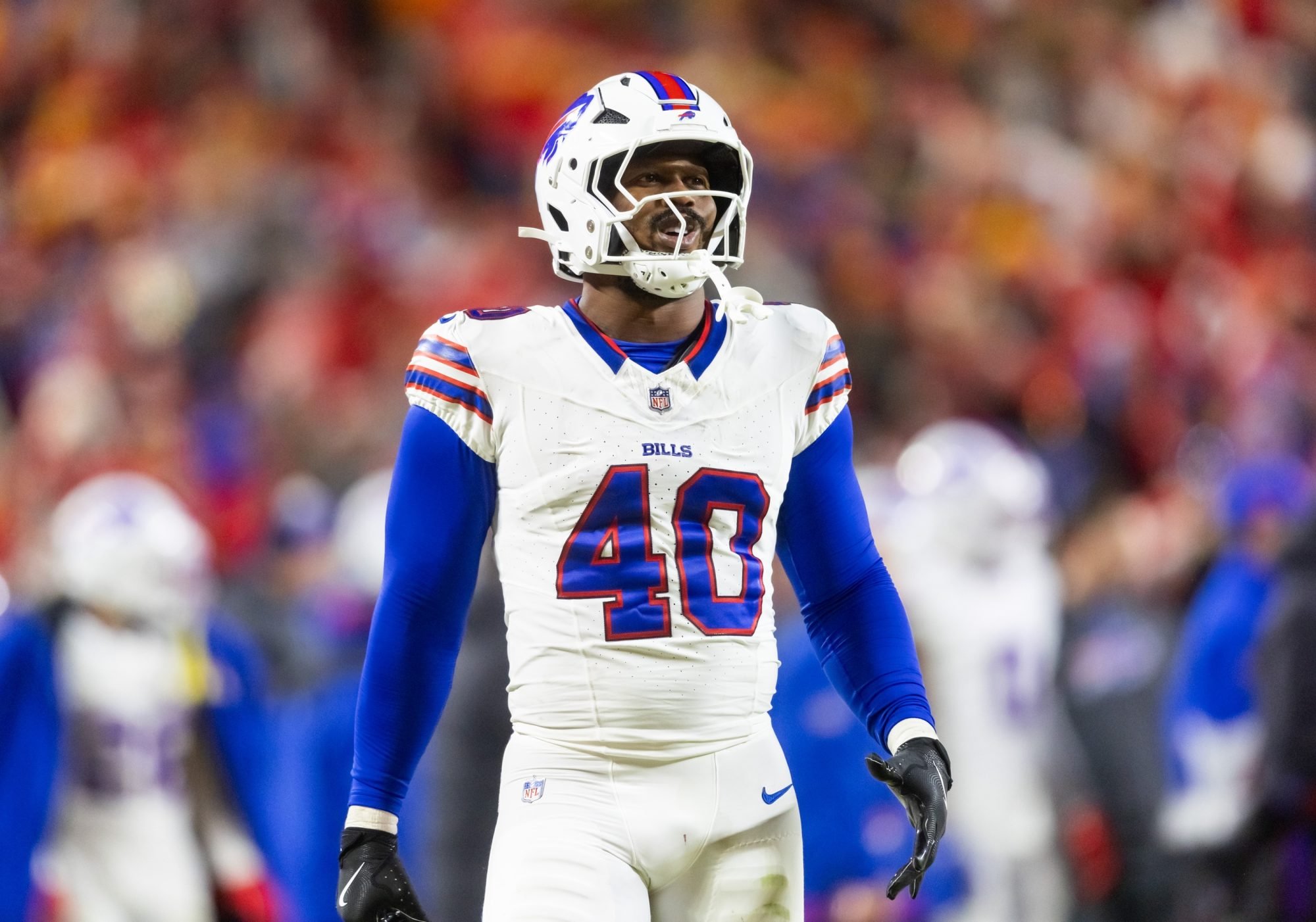 Jan 26, 2025; Kansas City, MO, USA; Buffalo Bills linebacker Von Miller (40) against the Kansas City Chiefs during the AFC Championship game at GEHA Field at Arrowhead Stadium.