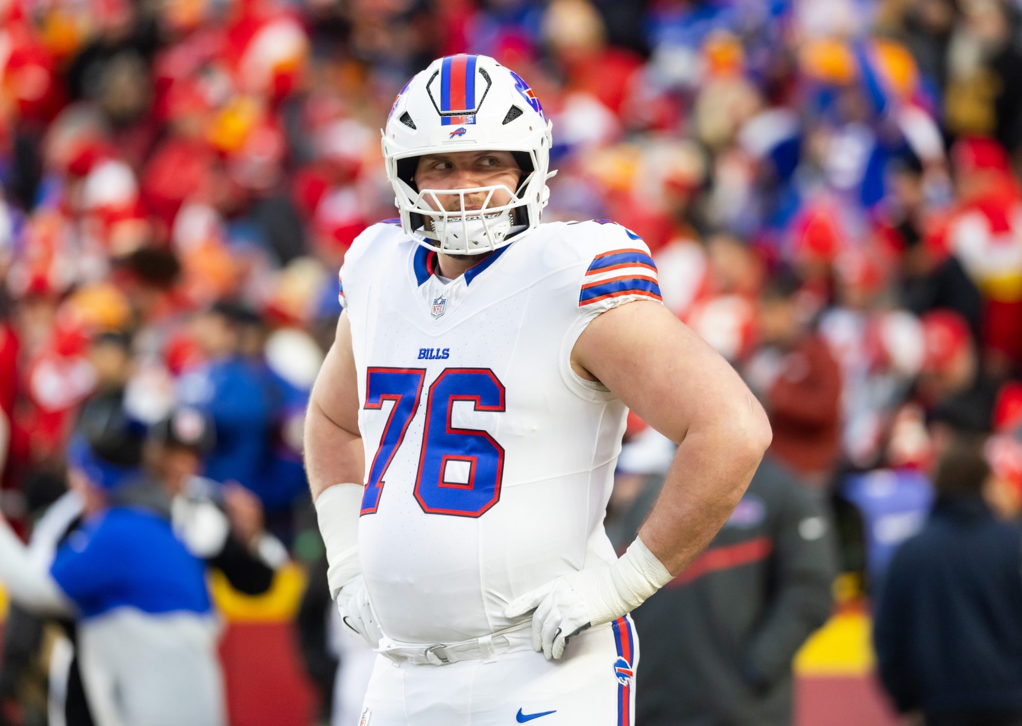 Jan 26, 2025; Kansas City, MO, USA; Buffalo Bills guard David Edwards (76) against the Kansas City Chiefs during the AFC Championship game at GEHA Field at Arrowhead Stadium.