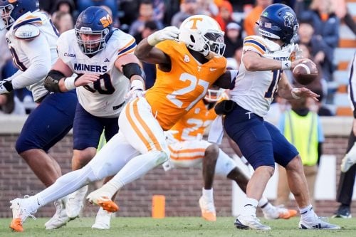 Tennessee defensive lineman James Pearce Jr. sacks UTEP quarterback JP Pickles during a college football game between Tennessee and UTEP at Neyland Stadium in Knoxville, Tenn., on Saturday, Nov. 23, 2024.