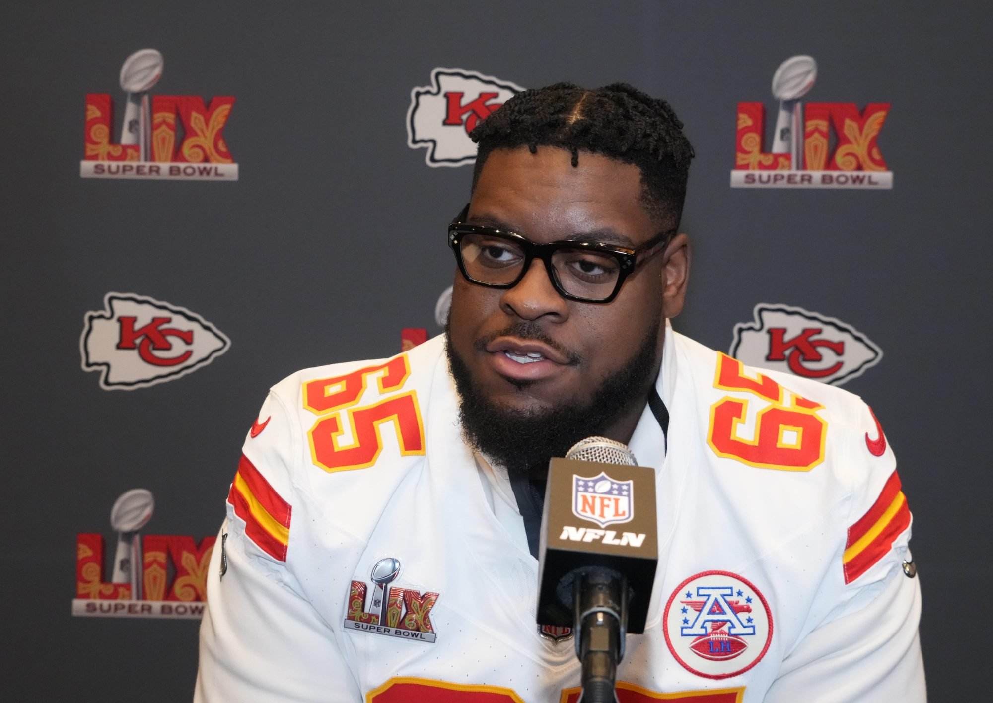 Feb 5, 2025; New Orleans, LA, USA; Kansas City Chiefs guard Trey Smith (65) in a press conference ahead of Super Bowl LIX at New Orleans Marriott.