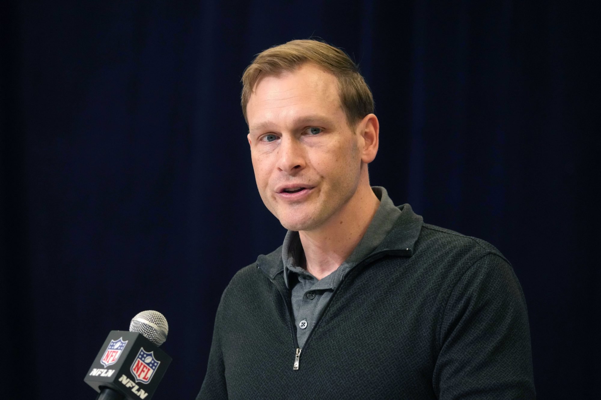 Feb 25, 2025; Indianapolis, IN, USA; Chicago Bears coach Ben Johnson speaks during the NFL Scouting Combine at the Indiana Convention Center.