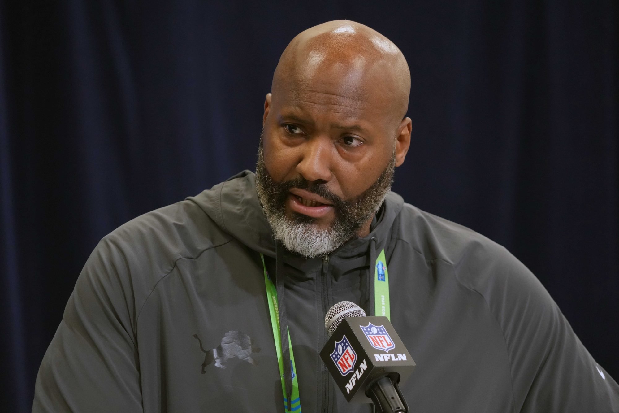 Feb 25, 2025; Indianapolis, IN, USA; Detroit Lions general manager Brad Holmes speaks during the NFL Scouting Combine at the Indiana Convention Center.