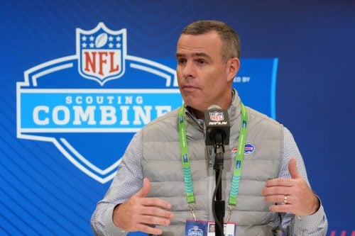 Feb 25, 2025; Indianapolis, IN, USA; Buffalo Bills general manager Brandon Beane speaks during the NFL Scouting Combine at the Indiana Convention Center.